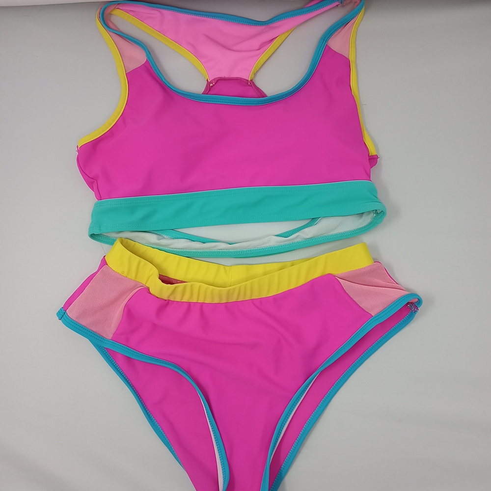 Vibrant Pink Bikini with Yellow and Turquoise Accents